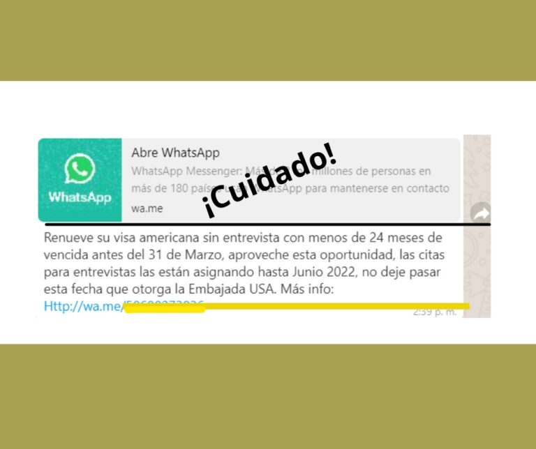¡CUIDADO! RENOVACIÓN DE VISAS NO SE TRÁMITA POR WHATSAPP