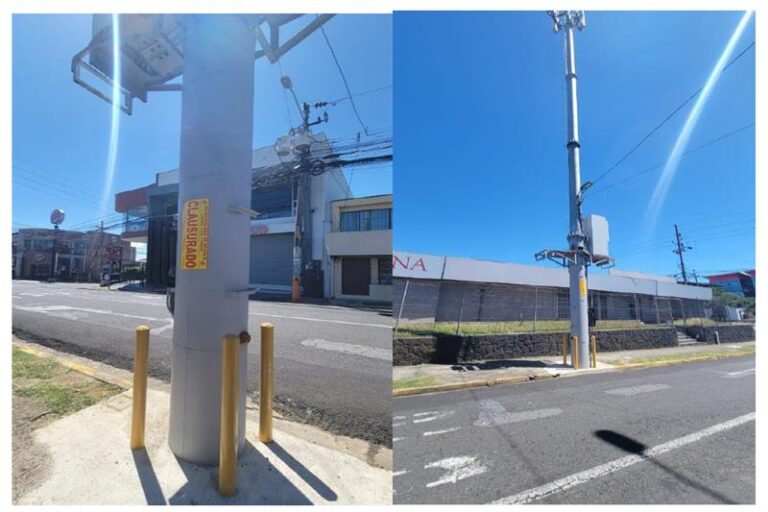 Las estructuras corresponden a postes metálicos de aproximadamente 24 metros de altura, instalados sobre aceras o muy cerca de la calzada, en zonas de alto tránsito peatonal y vehicular. Esta situación configuraría presuntamente un riesgo potencial para la seguridad vial y la integridad física de las personas